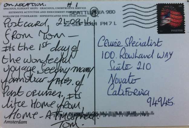 Tom Mullen Postcard from Holland America Ms Amsterdam_note