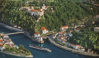 aerial view of river ship in Europe